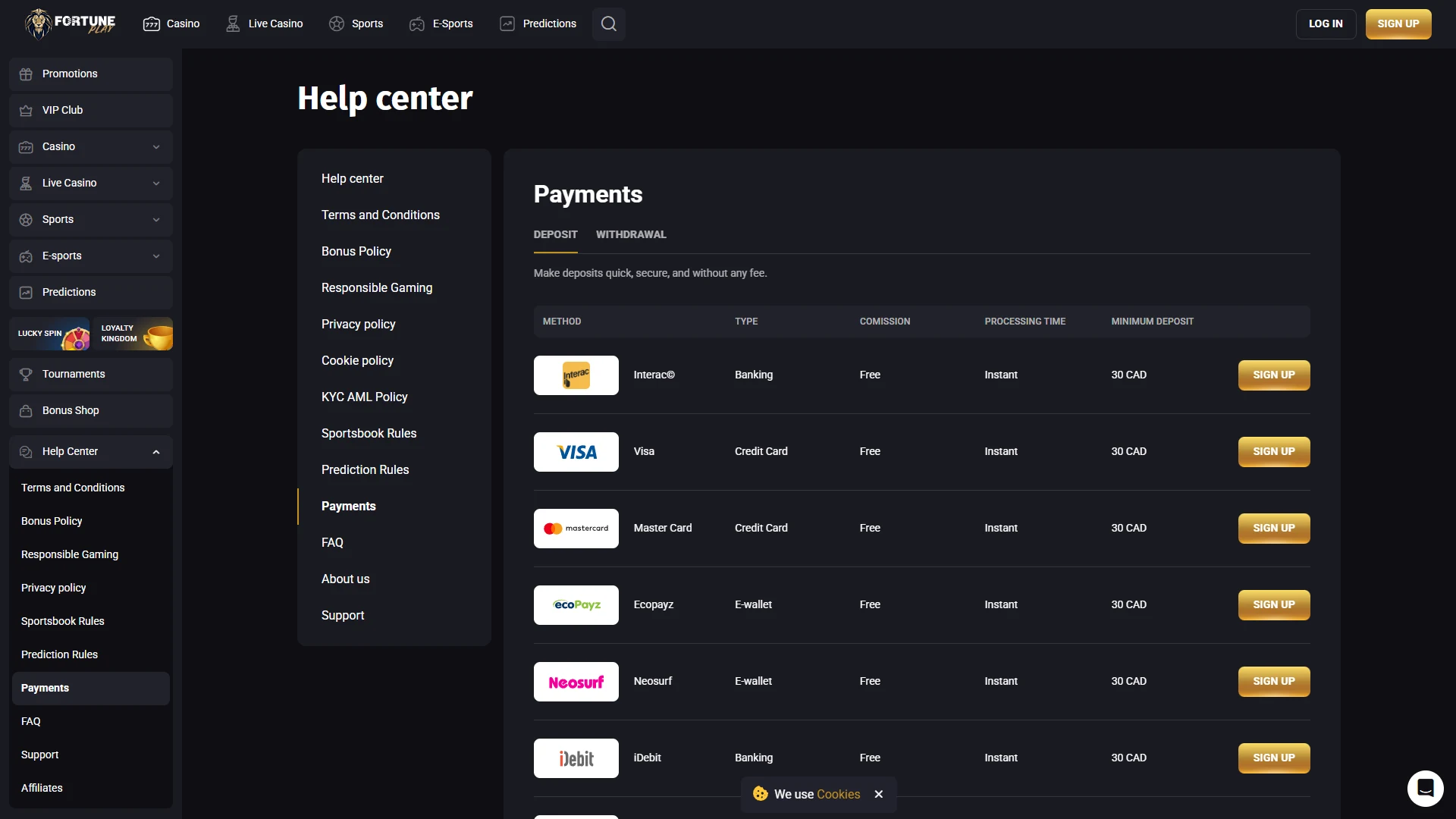 Fortune Play cashier: deposit and withdrawal options